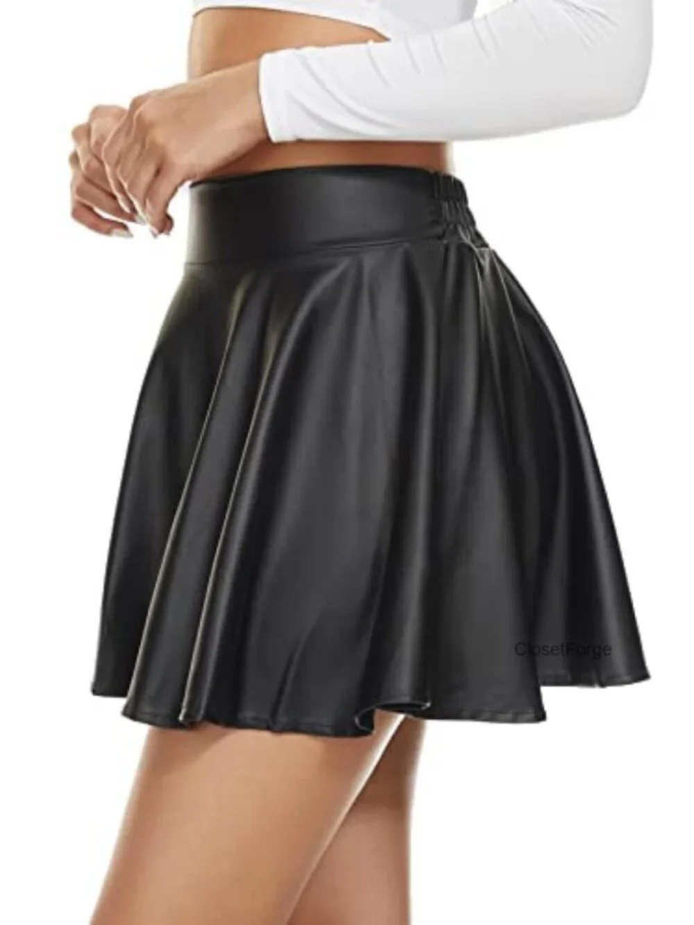 Women's Faux Leather High-Waisted Pleated Skirt A-Line PU